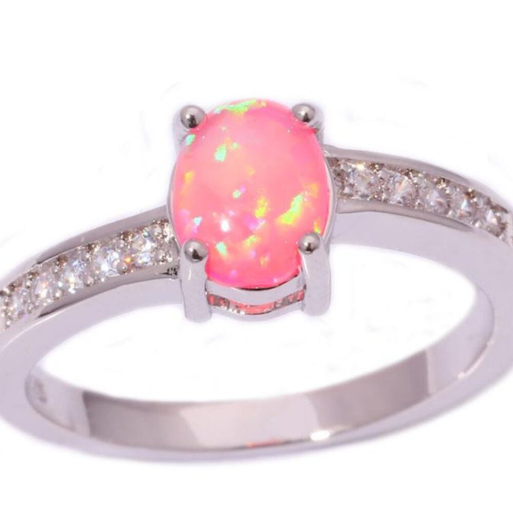 New - Pink Fire Opal With White Topaz Silver Ring - Size 7
